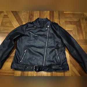 Black Leather Moto Jacket Belt Zip-up URBEST Sz 3XL Womens